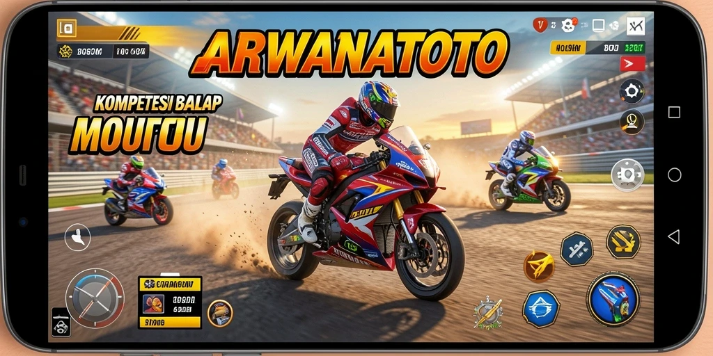 Gameplay mendebarkan ARWANATOTO dengan aksi balap motor yang seru.