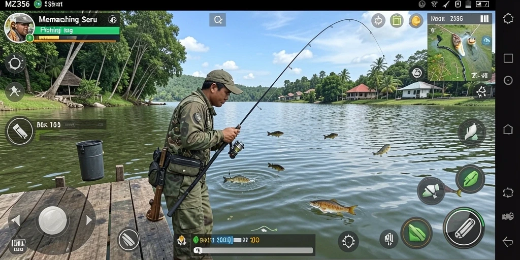 Screenshot gameplay MZ356 menunjukkan keseruan memancing ikan.
