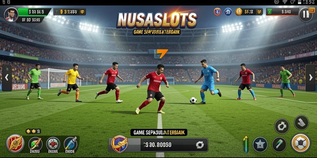 Tampilan action-packed dari gameplay NUSASLOTS dengan tema sepak bola.